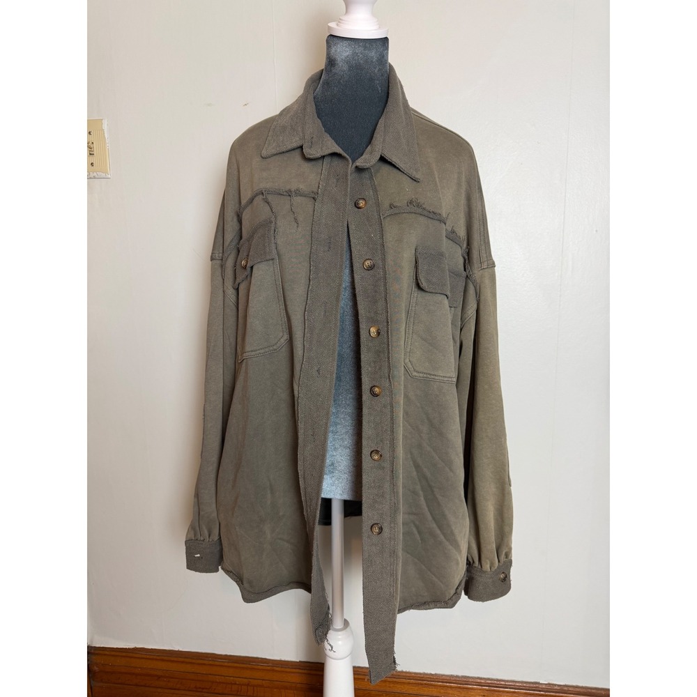 POL Clothing Distressed Shacket Oversized French Terry Jacket cardigan coastal L